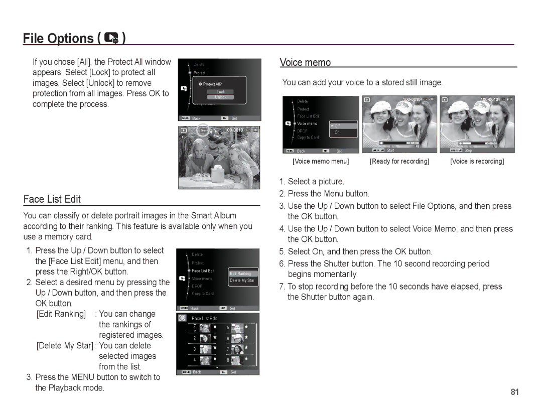 Samsung AQ100 manual Voice memo, Face List Edit 