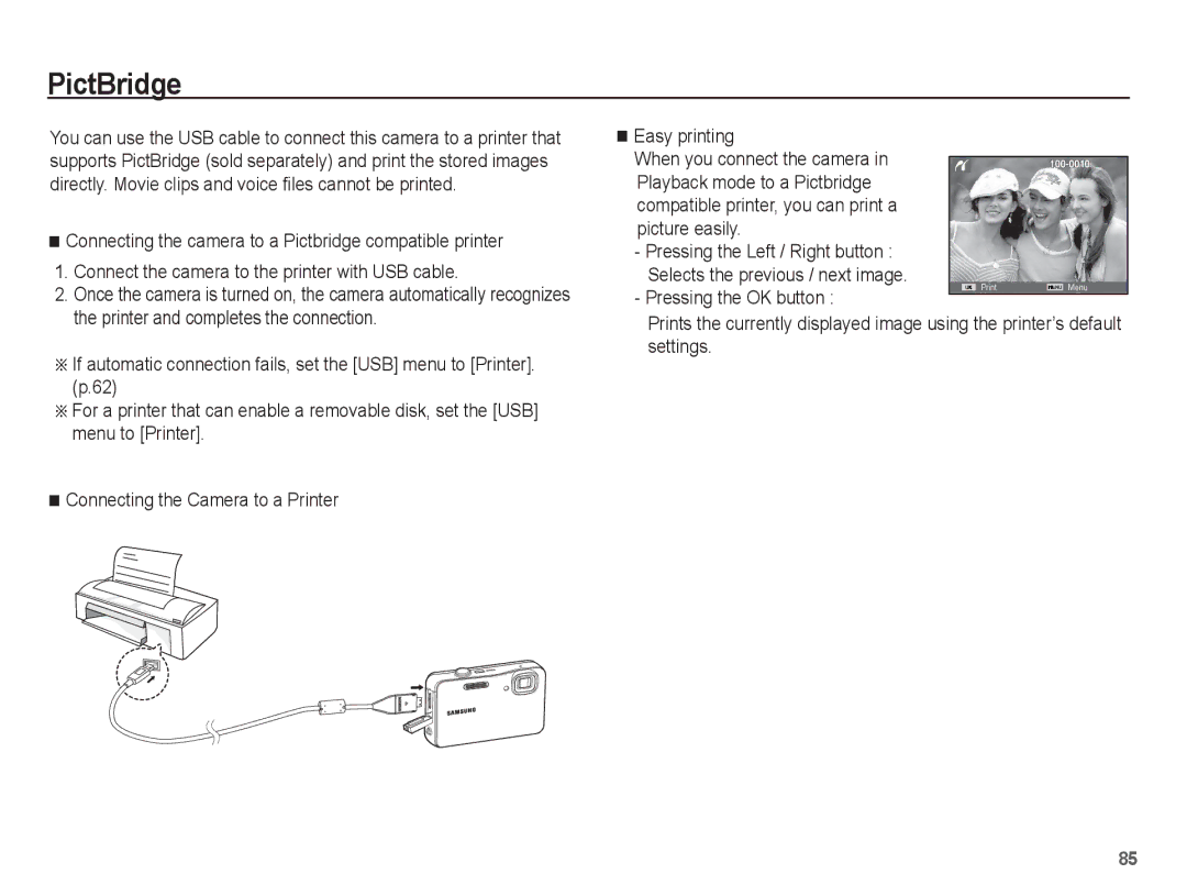 Samsung AQ100 manual PictBridge, Easy printing, Pressing the OK button 