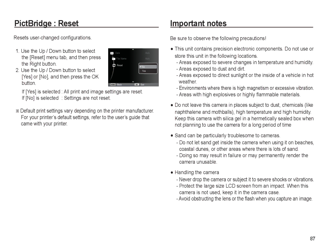 Samsung AQ100 manual PictBridge Reset Important notes, Resets user-changed configurations, Areas exposed to dust and dirt 