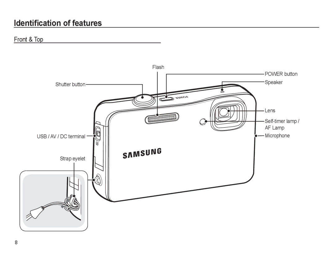 Samsung AQ100 manual Identiﬁcation of features, Front & Top, Flash Shutter button USB / AV / DC terminal Strap eyelet, Lens 