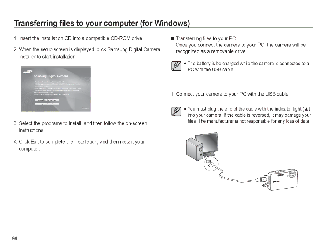 Samsung AQ100 manual Connect your camera to your PC with the USB cable 