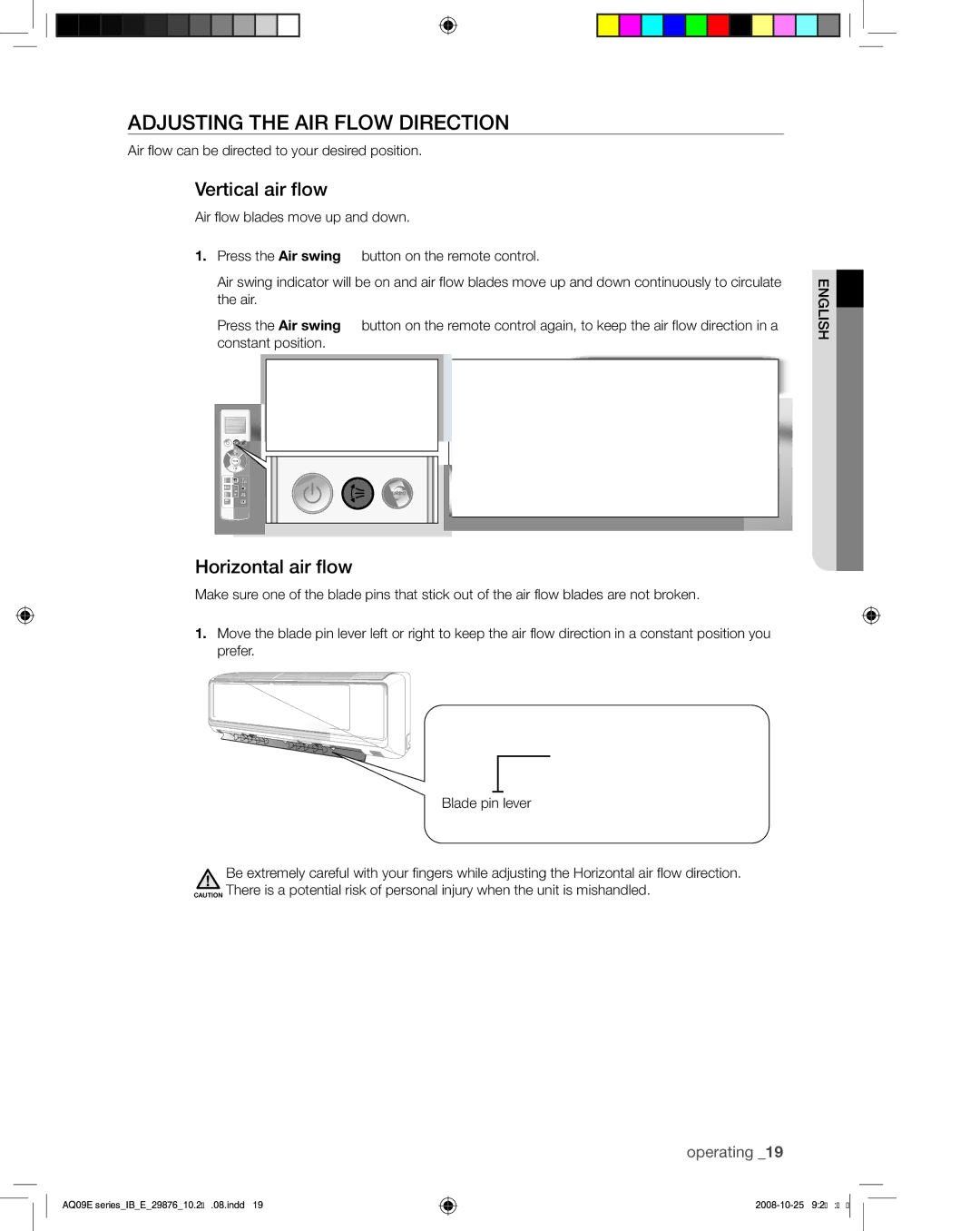 Samsung AQ18BAXSER, AQ12BAXSER, AQ12BANSER manual Adjusting the AIR Flow Direction, Vertical air flow, Horizontal air flow 