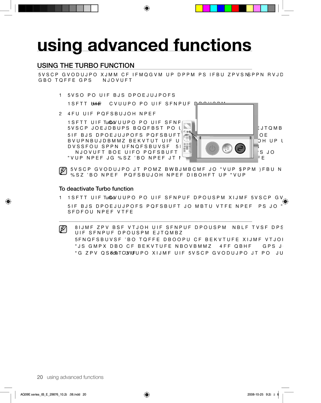 Samsung AQ09BAXSER, AQ12BAXSER, AQ12BANSER Using advanced functions, Using the Turbo Function, To deactivate Turbo function 