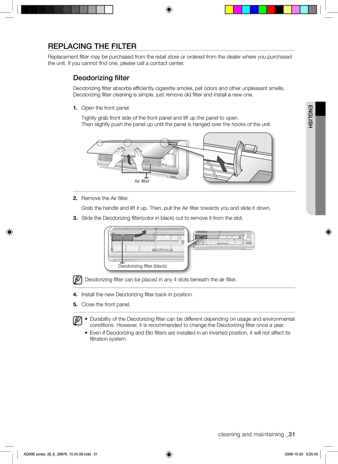 Samsung AQ12BAXSER, AQ12BANSER, AQ18BANSER, AQ18BAXSER, AQ09BAXSER manual Replacing the Filter, Deodorizing filter 