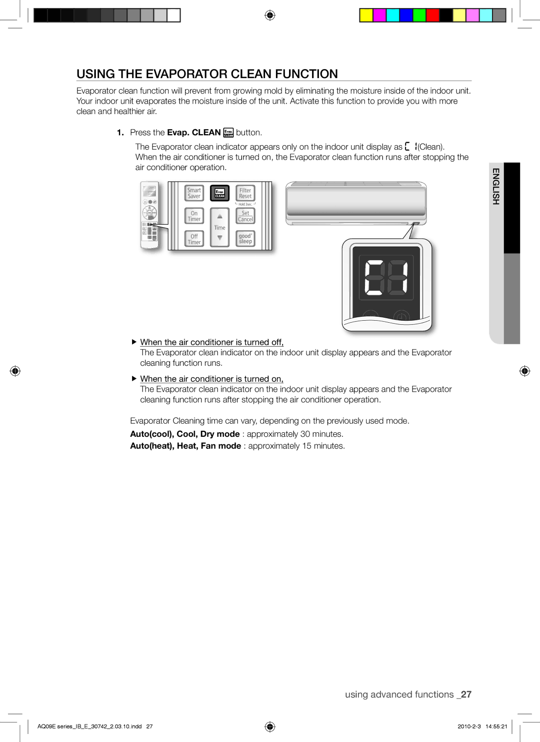 Samsung AQ09EAXSER, AQ12EANSER, AQ09VBCXSER, AQ18EAXSER, AQ24EANSER, AQ24EAXSER, AQ09EANSER Using the Evaporator Clean Function 