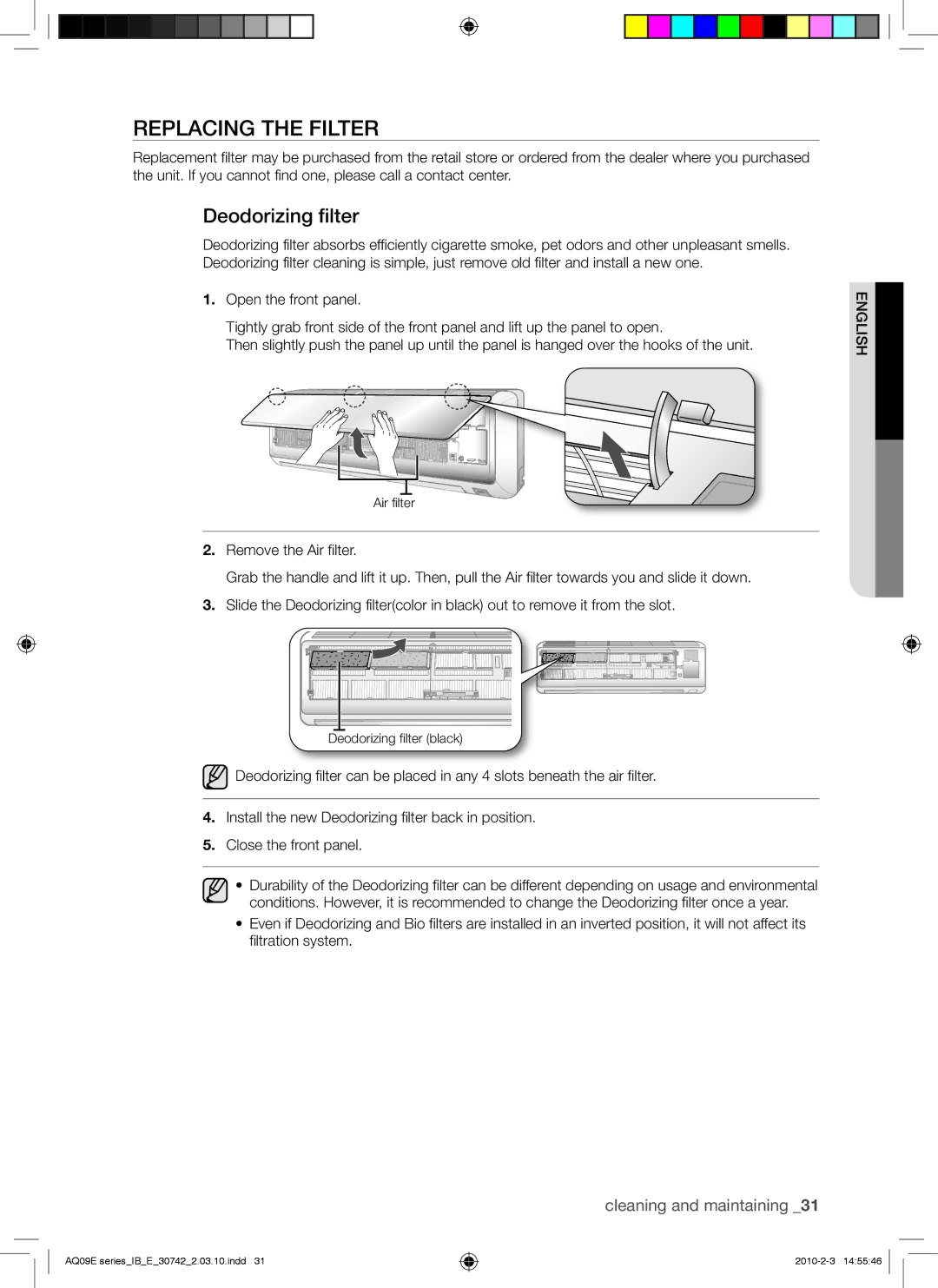 Samsung AQ09VBCXSER, AQ12EANSER, AQ18EAXSER, AQ24EANSER, AQ24EAXSER, AQ09VBCNSER manual Replacing the Filter, Deodorizing filter 