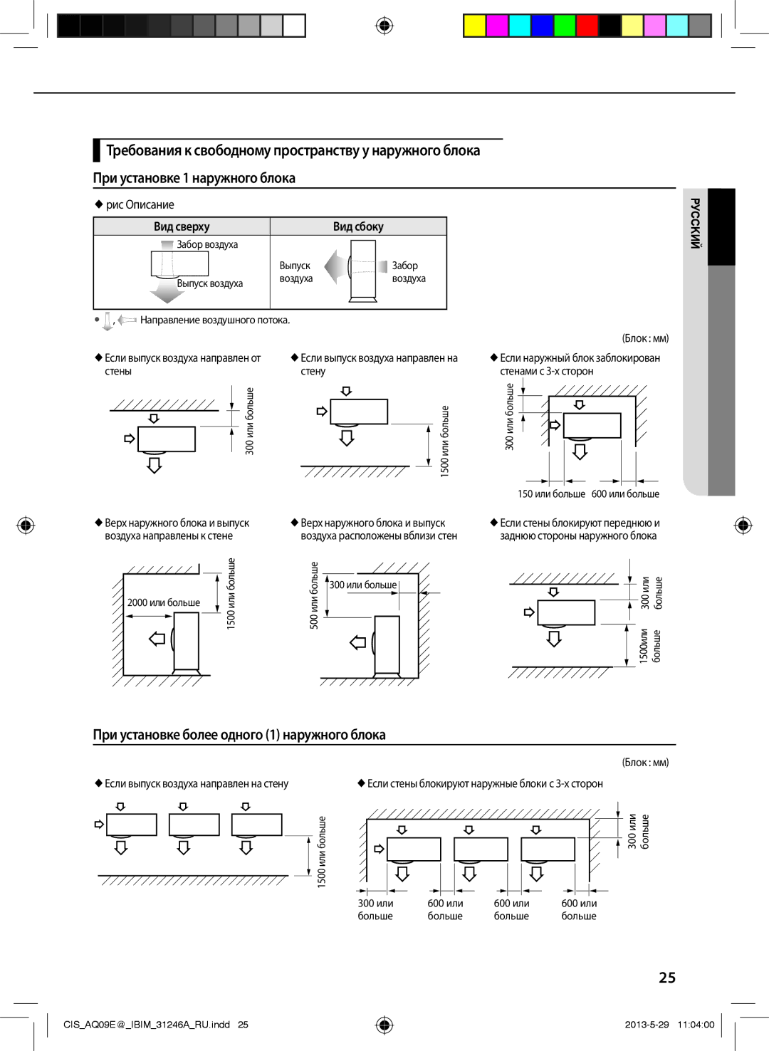 Samsung AQ12EWFNSER manual При установке более одного 1 наружного блока,  рис Описание, Вид сверху Вид сбоку, Блок мм 