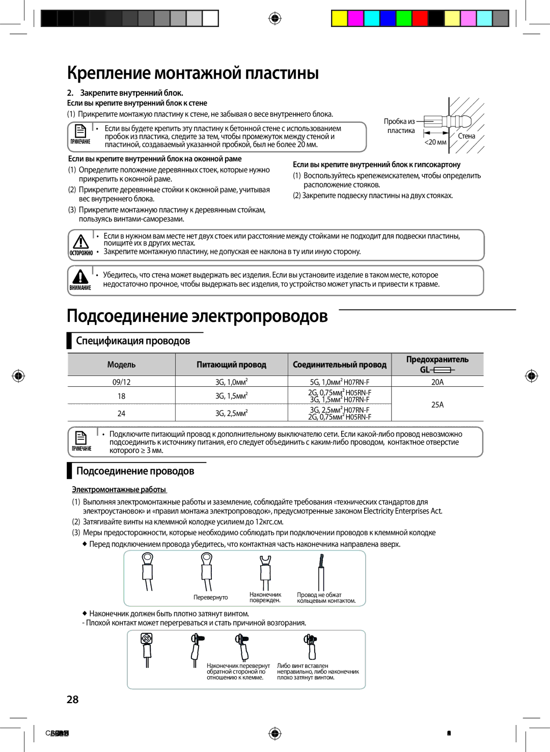 Samsung AQ12EWGNSER, AQ12ESGXSER, AQ12EWFNSER Подсоединение электропроводов, Спецификация проводов, Подсоединение проводов 