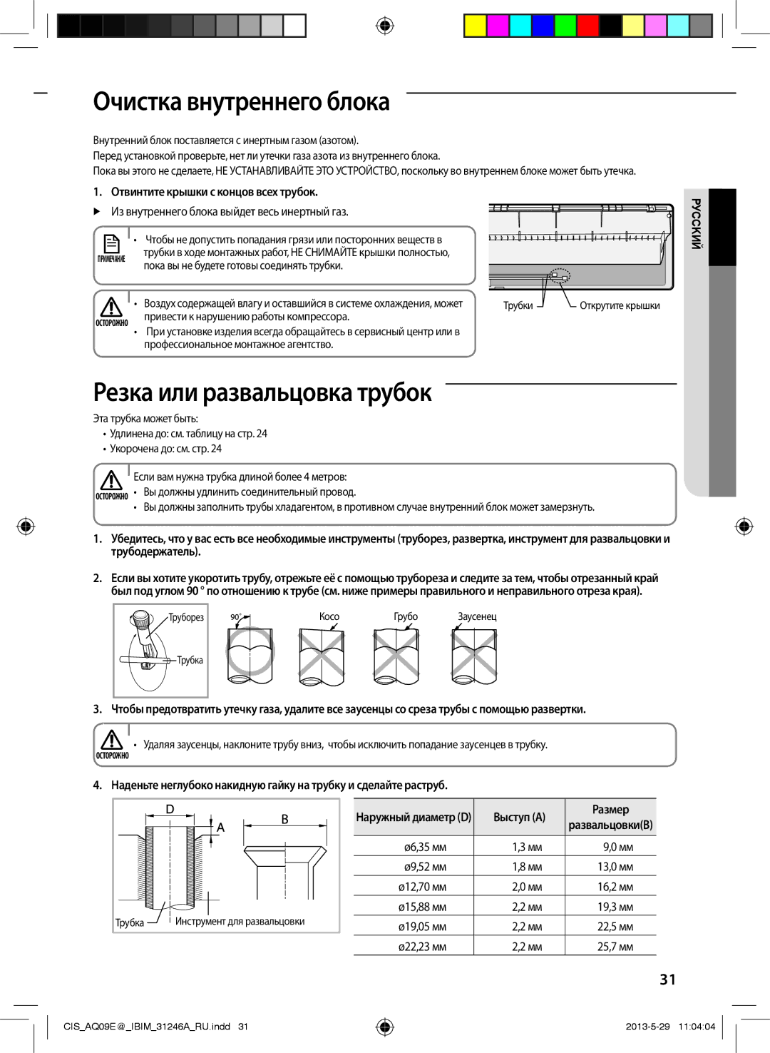 Samsung AQ09EWFNSER manual Очистка внутреннего блока, Резка или развальцовка трубок, Отвинтите крышки с концов всех трубок 