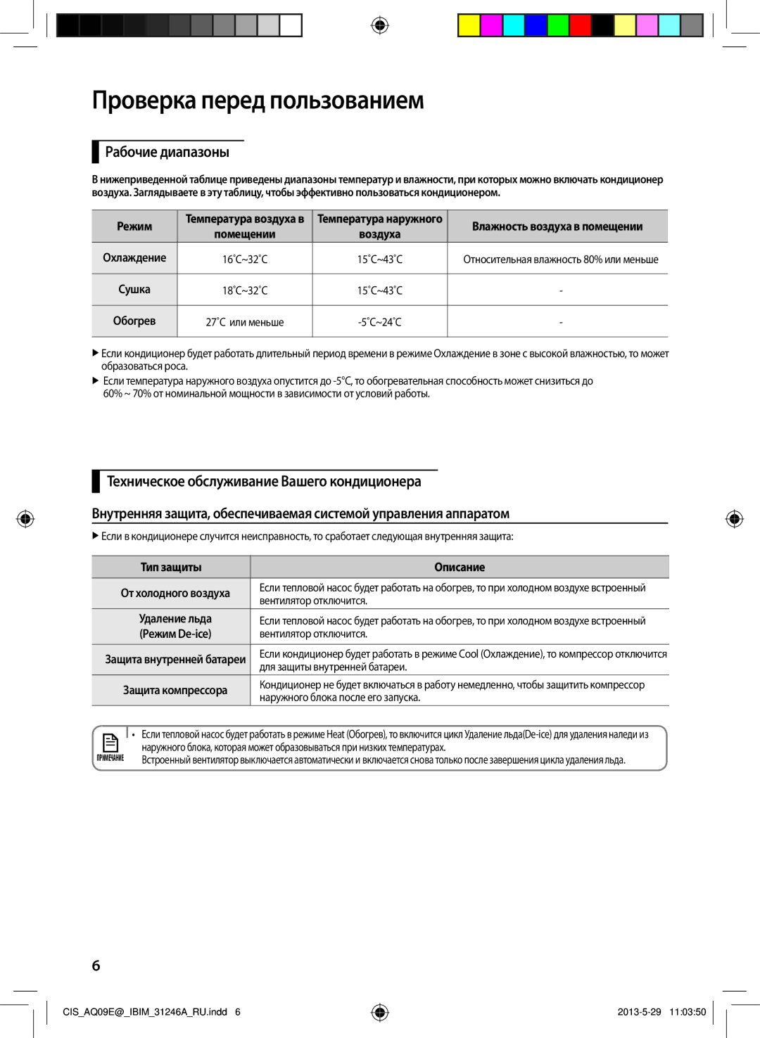 Samsung AQ09EWGNSER, AQ12ESGXSER Проверка перед пользованием, Рабочие диапазоны, Тип защиты Описание, Режим De-ice 