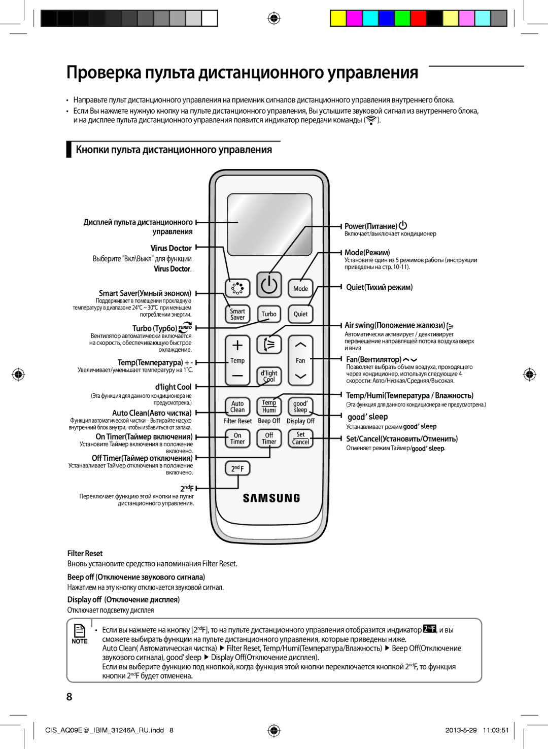 Samsung AQ09EWFXSER, AQ12ESGXSER manual Проверка пульта дистанционного управления, Кнопки пульта дистанционного управления 