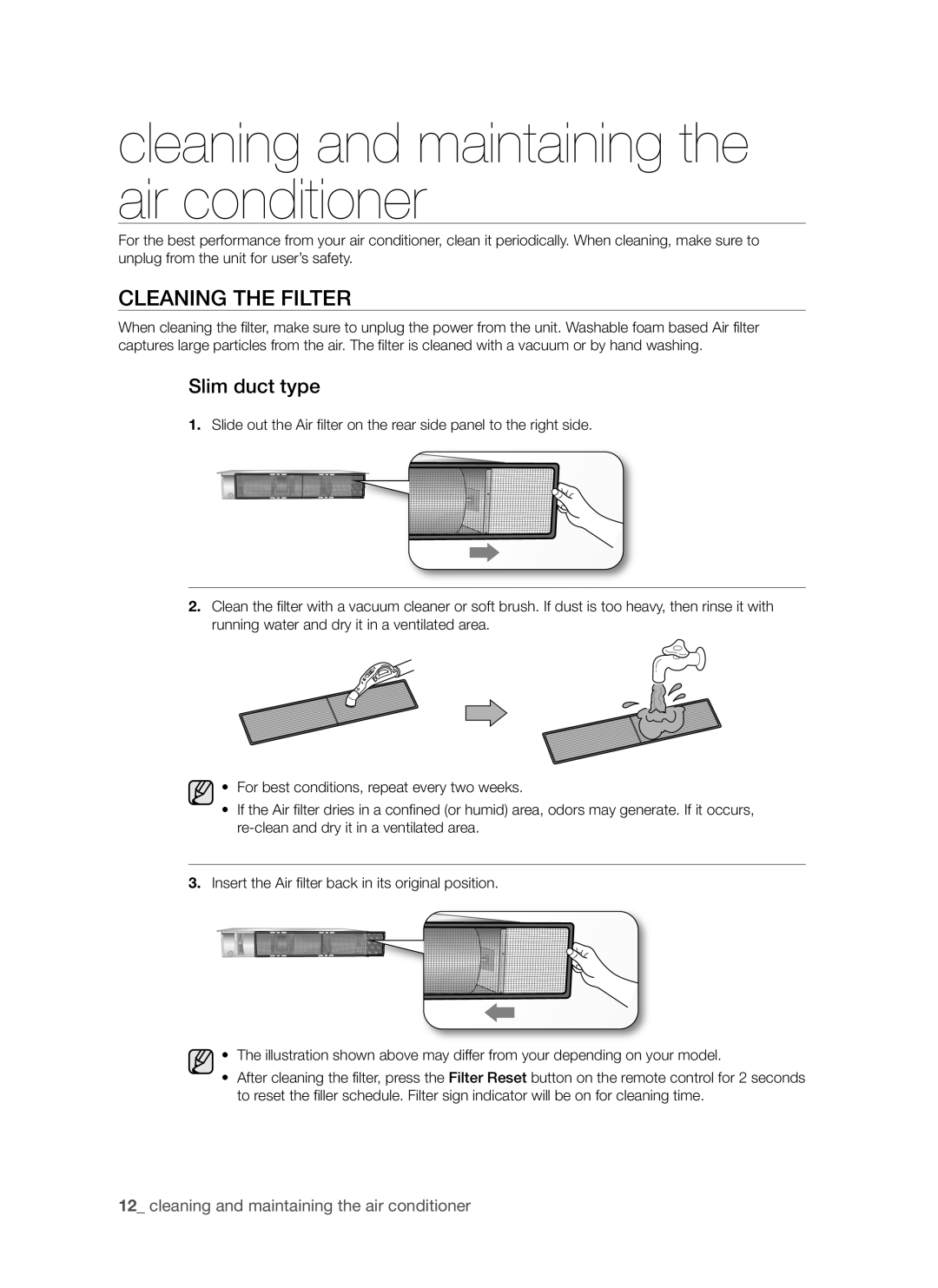 Samsung AQ12FCXMID, AQ12FCXSER manual Cleaning and maintaining the air conditioner, Cleaning the Filter, Slim duct type 