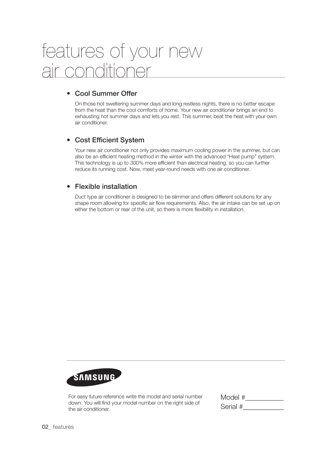 Samsung AQ12FCXSER, AQ12FCXMID manual Cool Summer Offer, Cost Efficient System, Flexible installation, Model # Serial # 