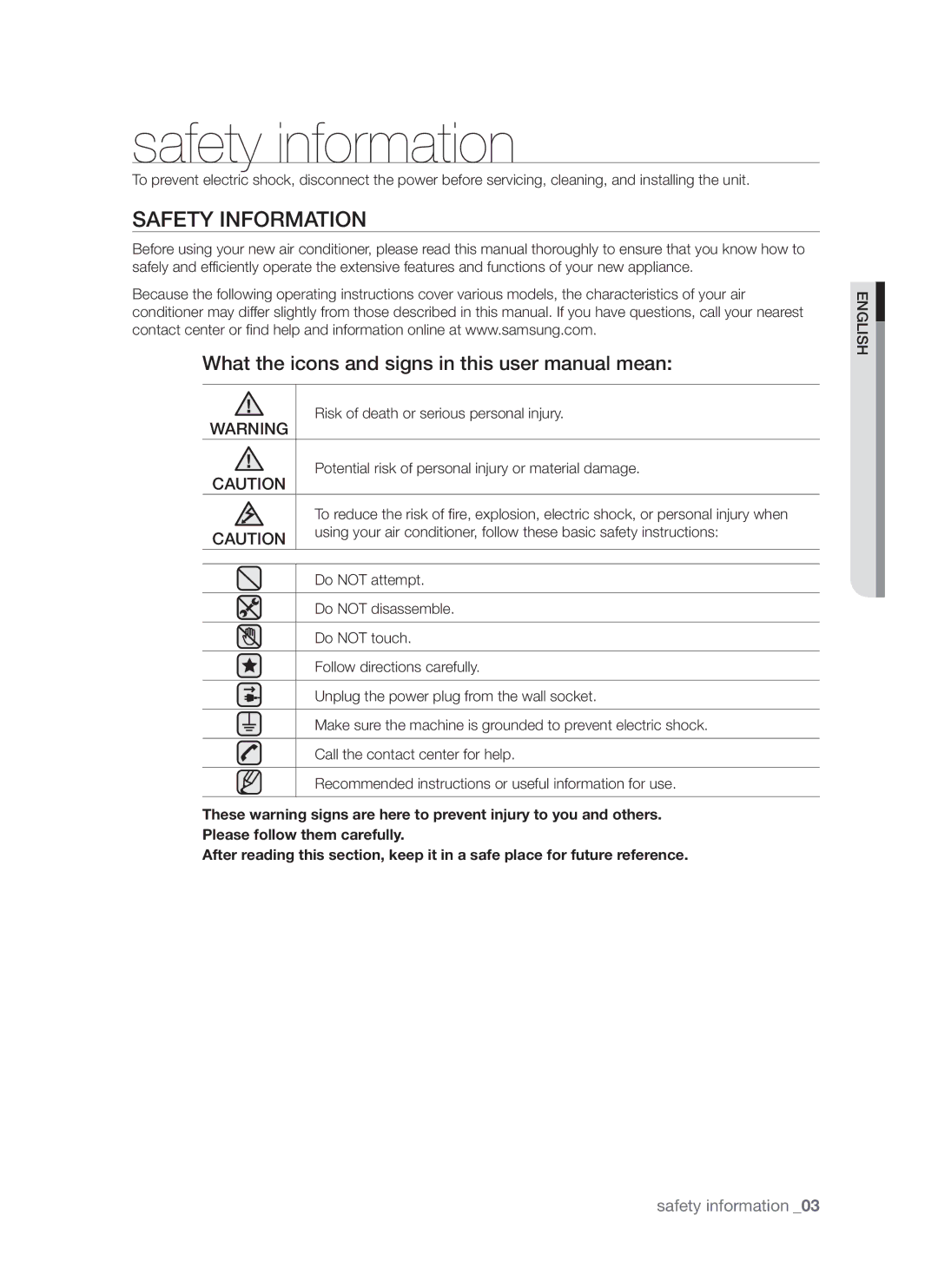 Samsung AQ18FEXSER, AQ12FCXMID, AQ12FCXSER manual Safety information, Safety Information 