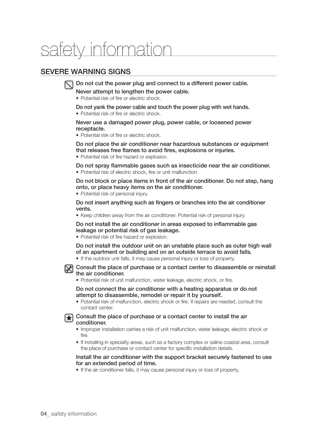 Samsung AQ12FCXMID, AQ12FCXSER, AQ18FEXSER manual Severe Warning Signs 