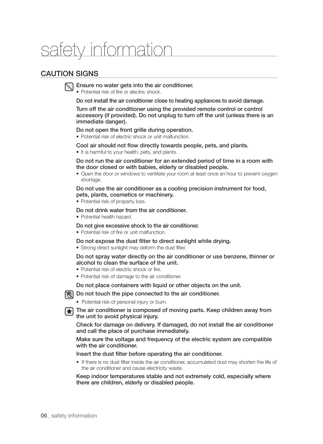 Samsung AQ12FCXSER, AQ12FCXMID, AQ18FEXSER manual Ensure no water gets into the air conditioner 