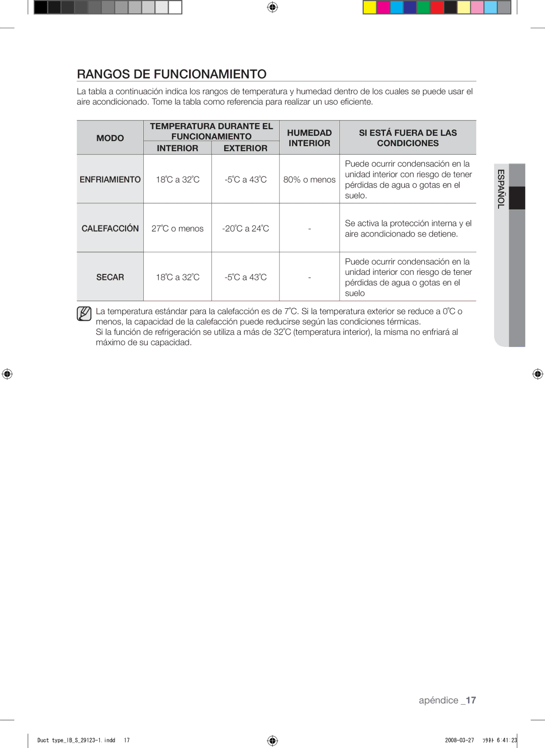 Samsung AQ12FCXMID manual Rangos DE Funcionamiento, Aire acondicionado se detiene 