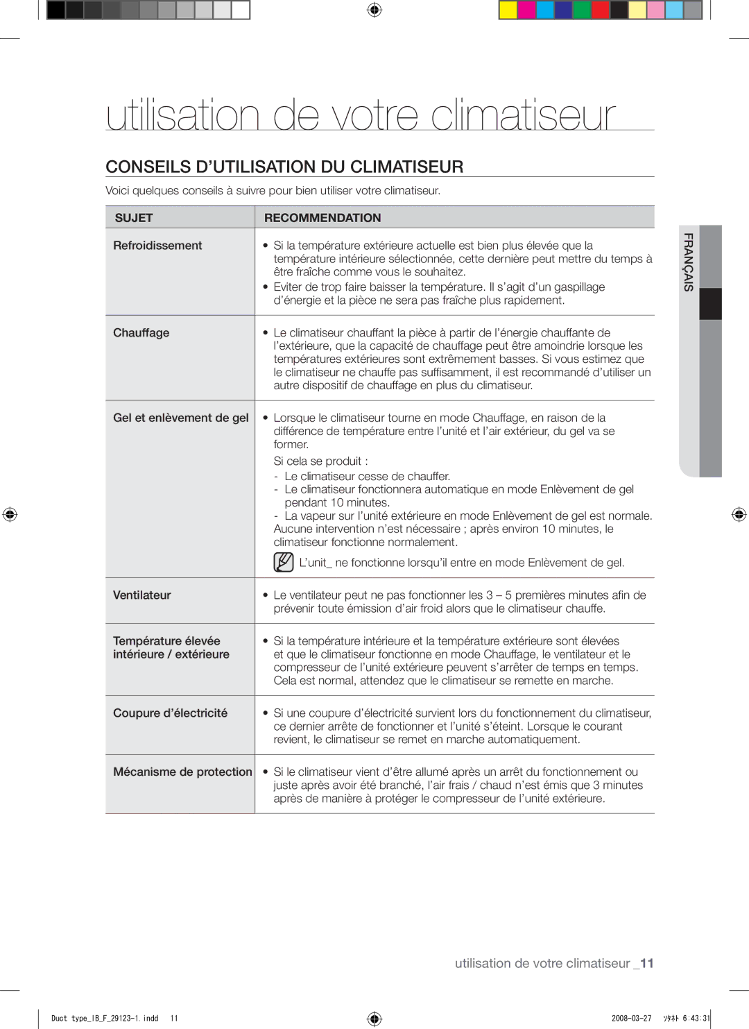 Samsung AQ12FCX manual Utilisation de votre climatiseur, Conseils D’UTILISATION DU Climatiseur 