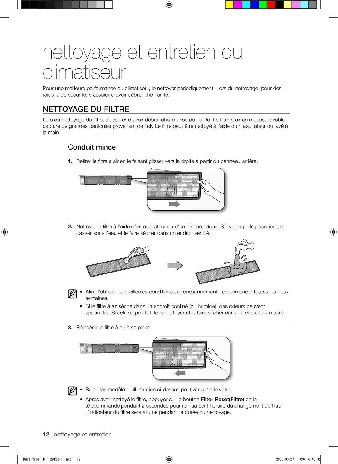 Samsung AQ12FCX manual Nettoyage et entretien du climatiseur, Nettoyage DU Filtre, Conduit mince 