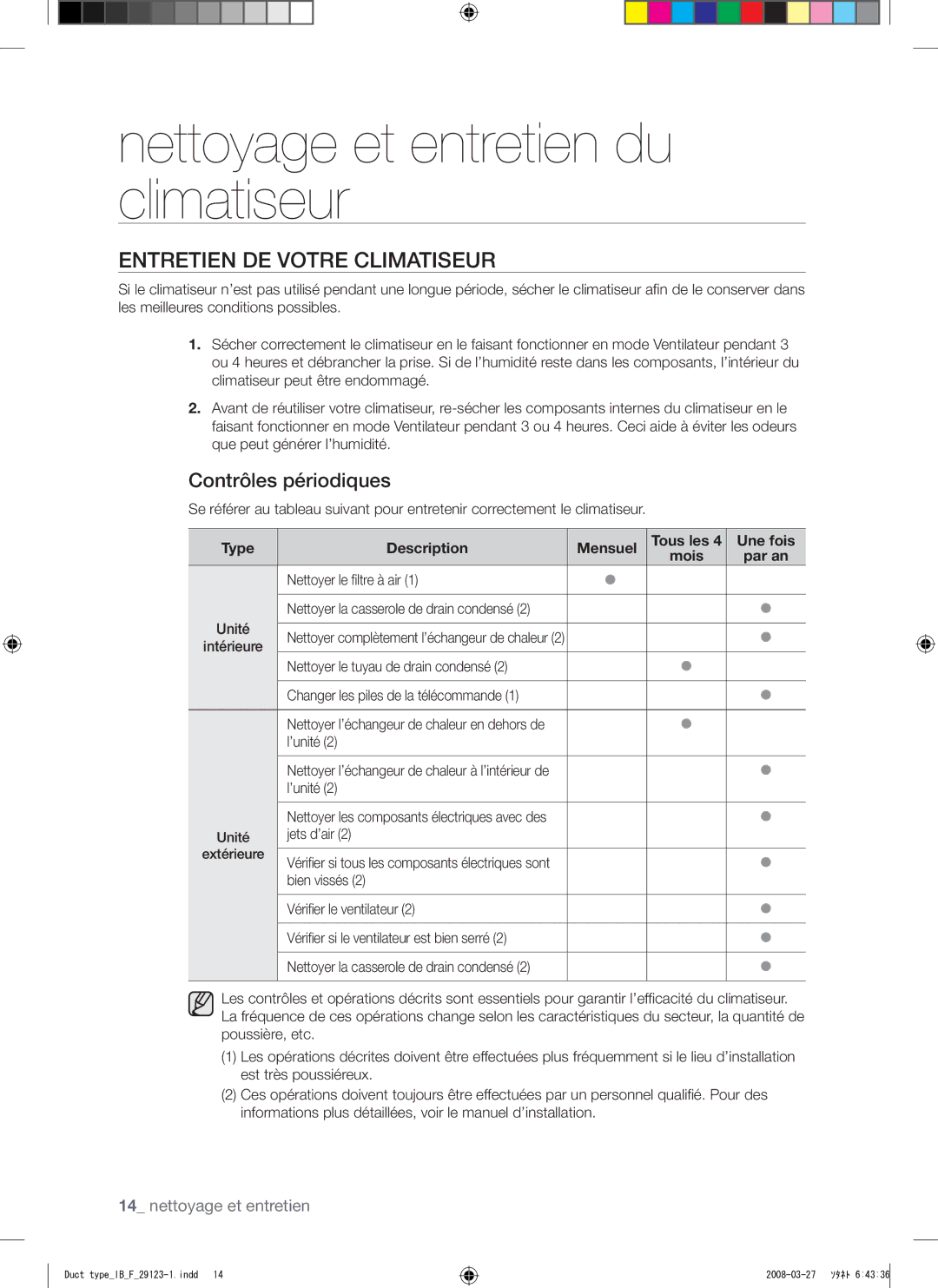 Samsung AQ12FCX manual Entretien DE Votre Climatiseur, Contrôles périodiques 