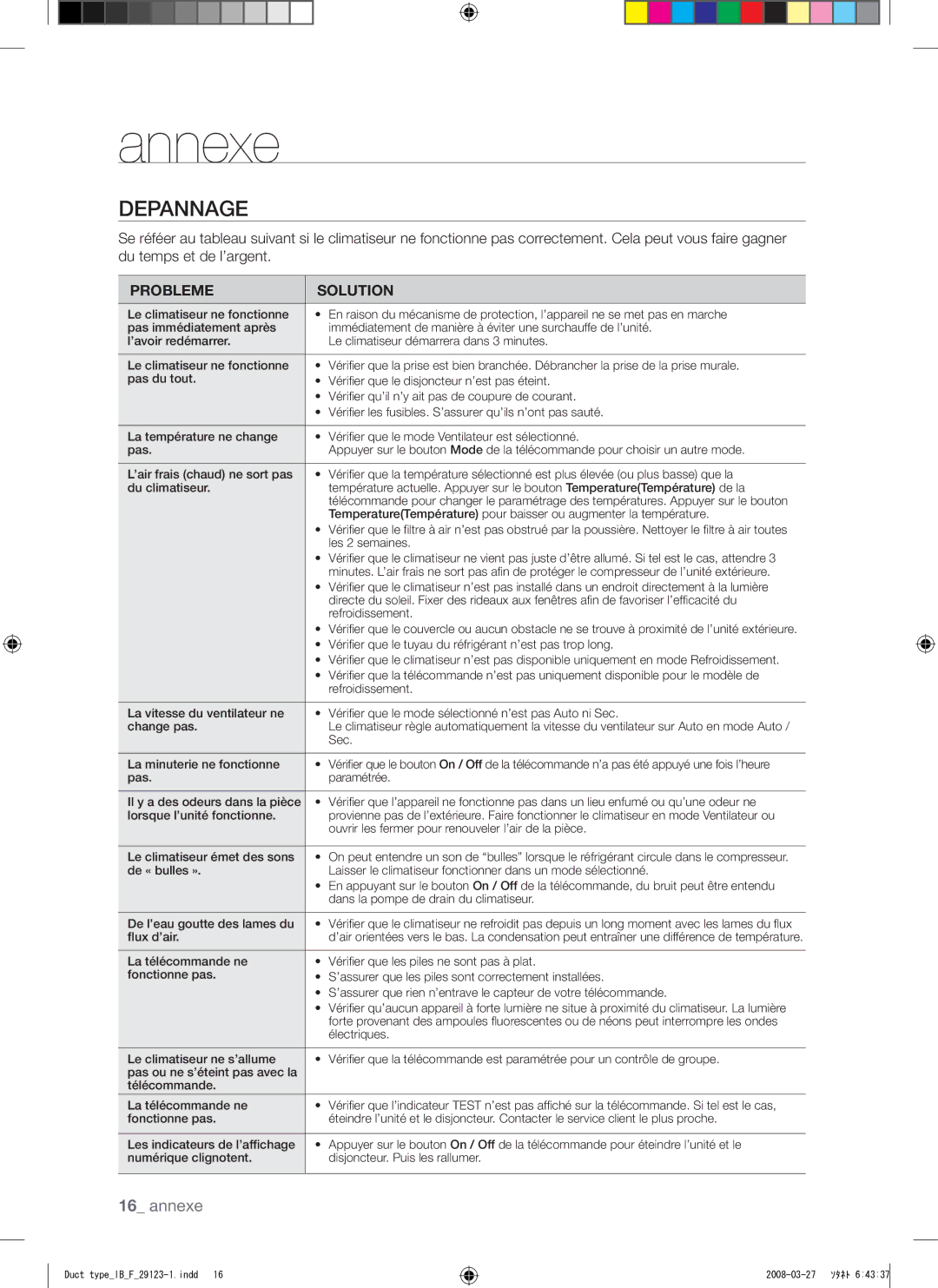 Samsung AQ12FCX manual Annexe, Depannage 