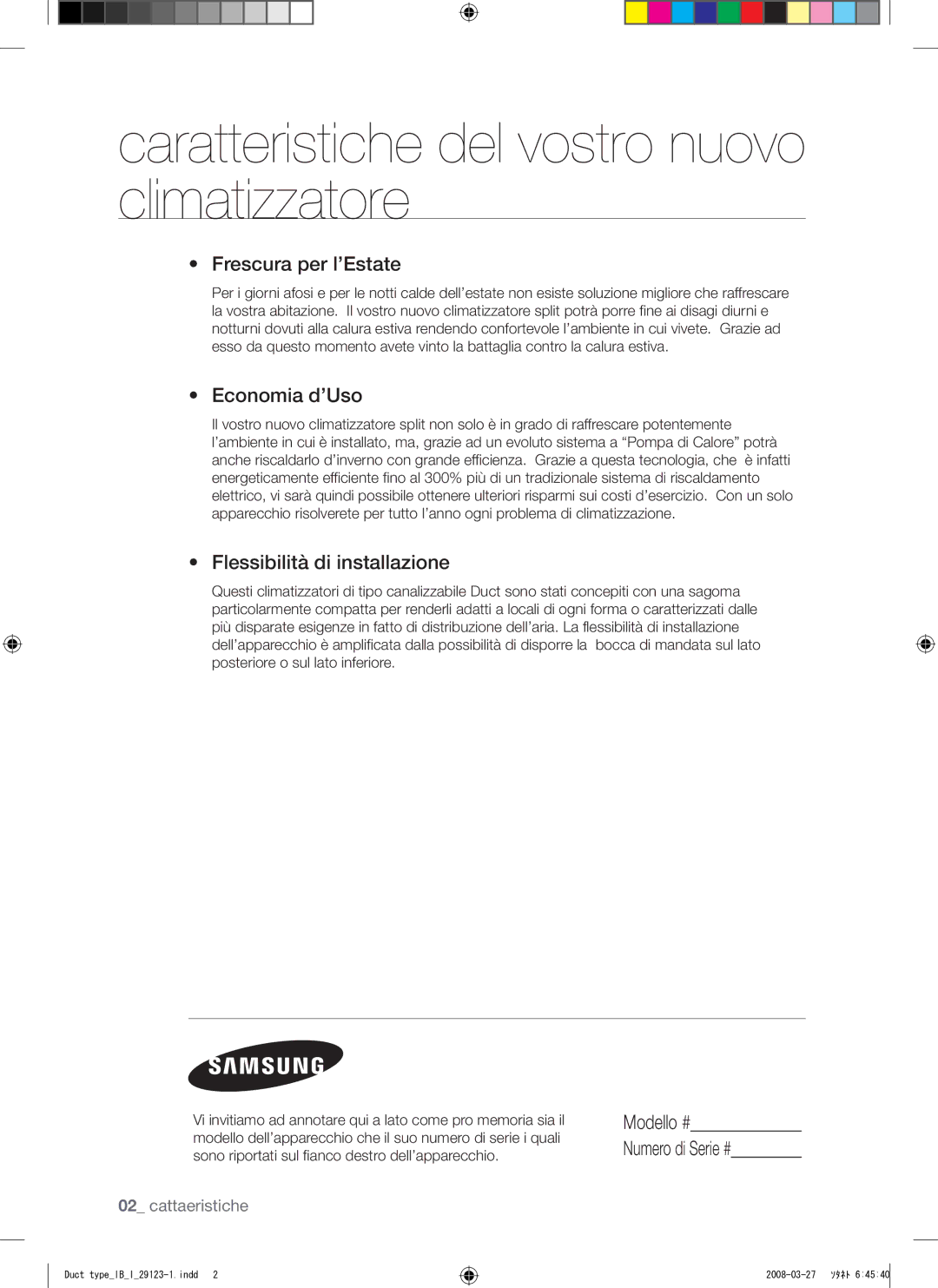 Samsung AQ12FCX manual Caratteristiche del vostro nuovo climatizzatore, Frescura per l’Estate, Economia d’Uso 