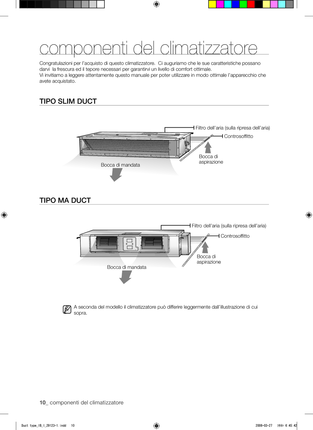 Samsung AQ12FCX manual Componenti del climatizzatore, Tipo Slim Duct, Tipo MA Duct 