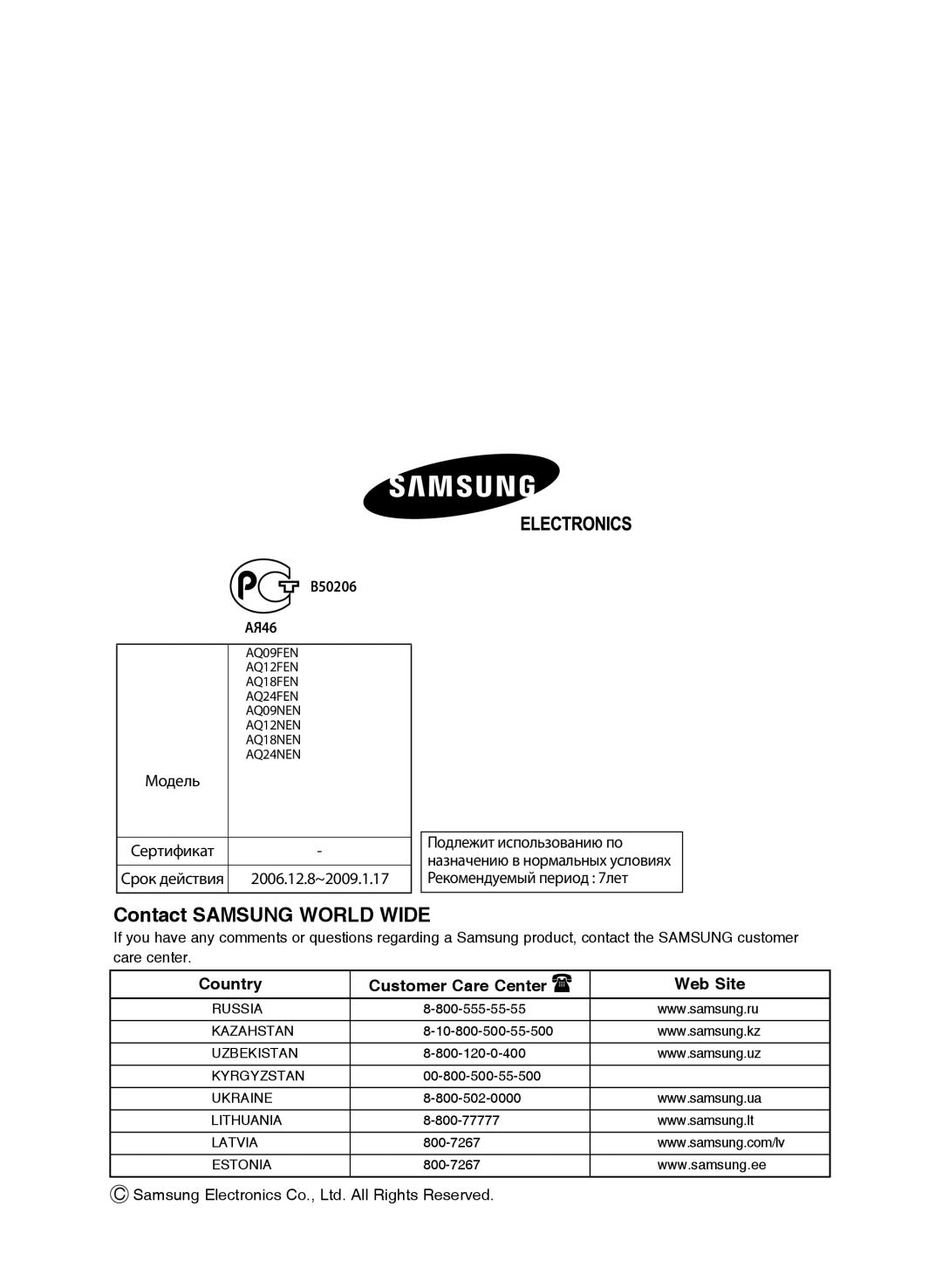 Samsung AQ12FENSER, AQ12NENSER, AQ12NEXSER, AQ12FEXSER manual Contact Samsung World Wide 