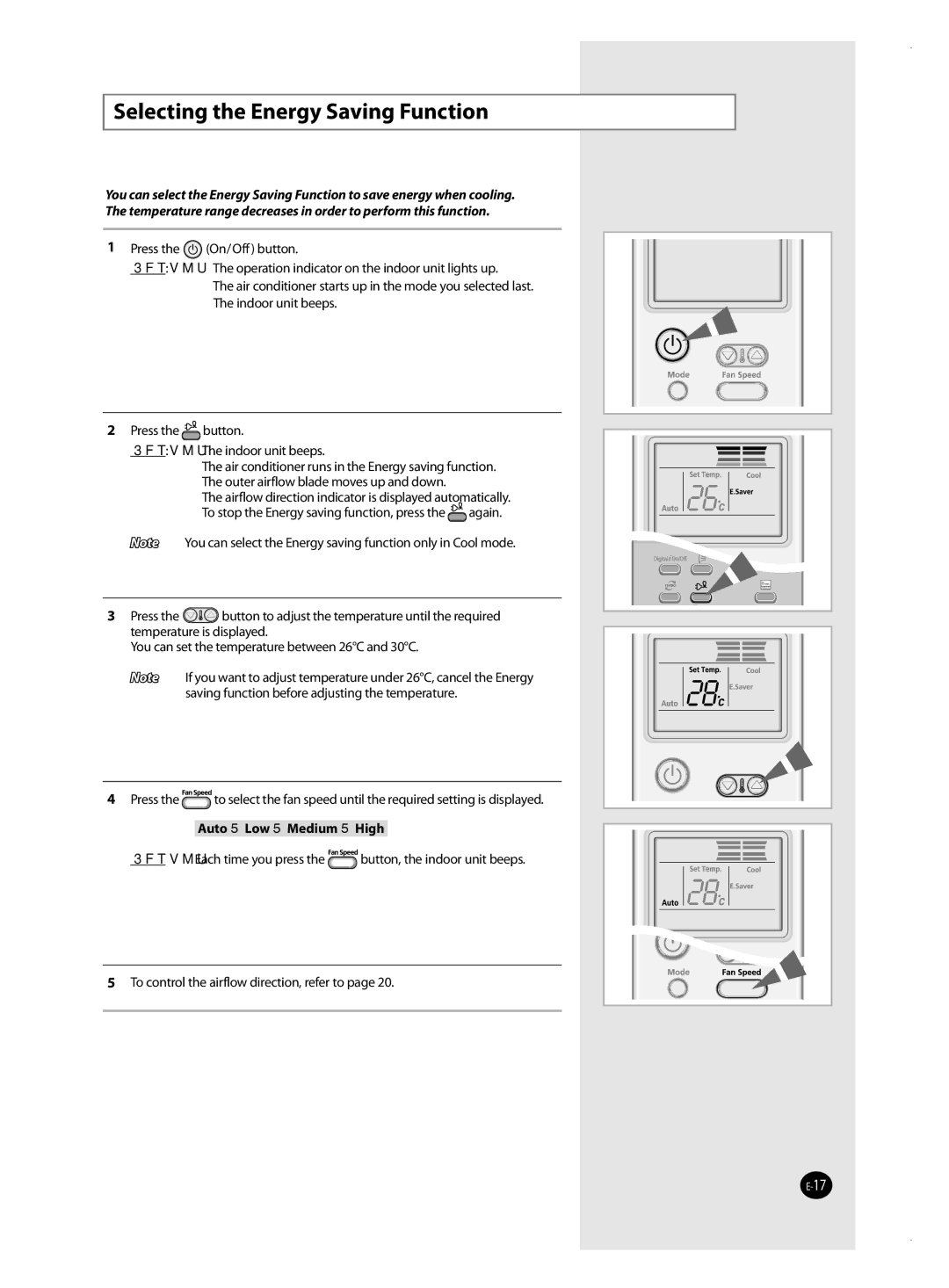 Samsung AQ09MWBNSER, AQ12MSBN, AQ18MSBX, AQ18MSBN, AQ24MSBX, AQ12MSBX, AQ09MSBX, AQ09MSBN Selecting the Energy Saving Function 