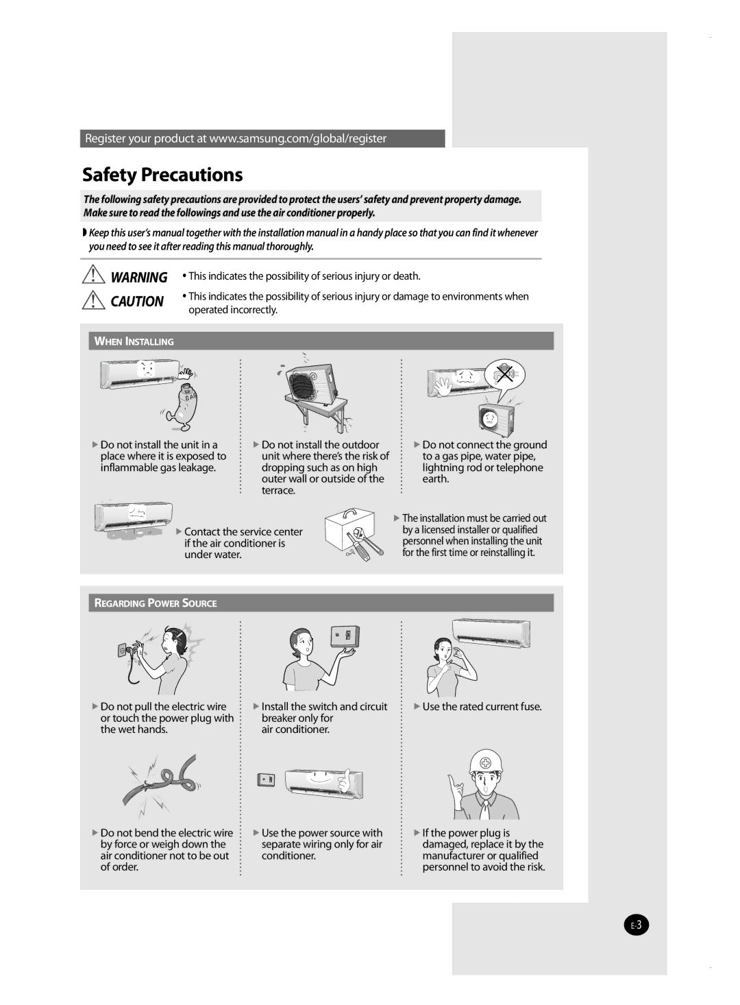 Samsung AQ18MSBN, AQ18MSBX, AQ24MSBX, AQ12MSBX, AQ09MSBX, AQ09MSBN, AQ12MSBNSEU, AQ24MSBNSEU manual Safety Precautions 