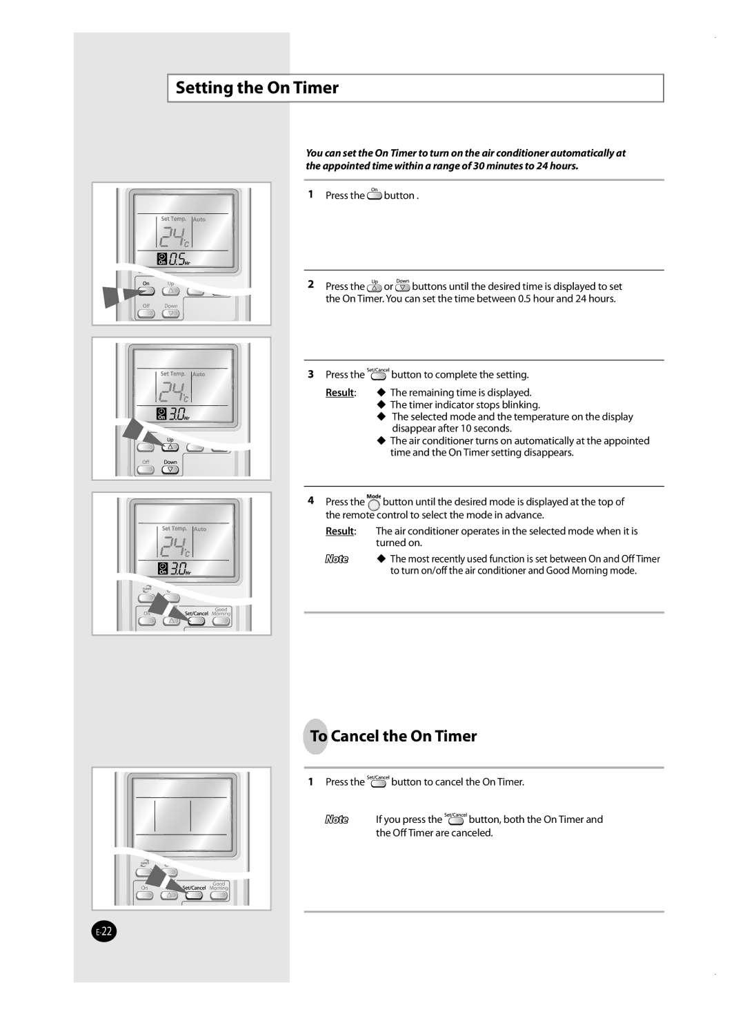 Samsung AQ24MWBNSER, AQ12MSBN, AQ18MSBX manual Setting the On Timer, To turn on/off the air conditioner and Good Morning mode 