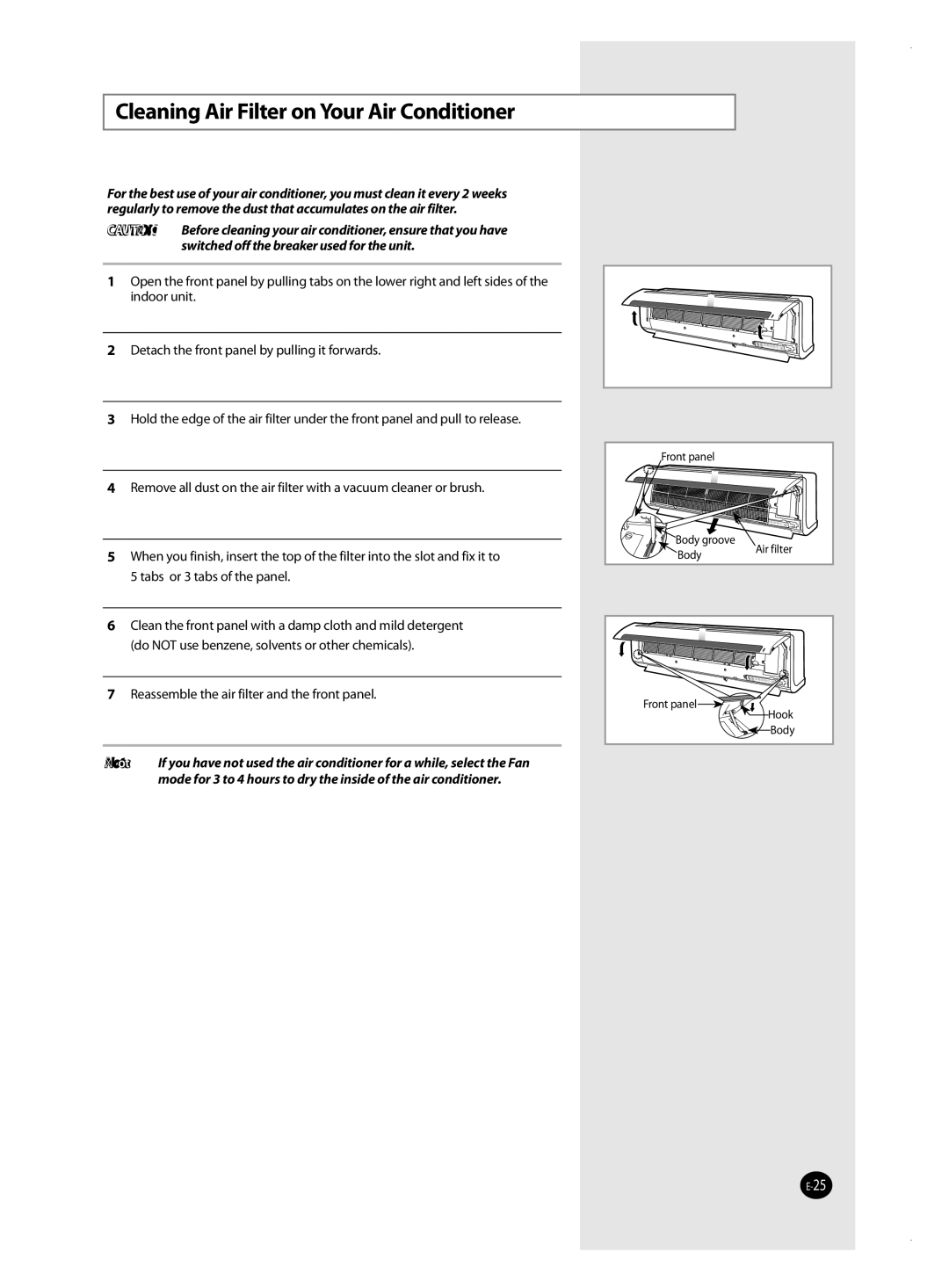 Samsung AQ12MSBN, AQ18MSBX, AQ18MSBN, AQ24MSBX, AQ12MSBX, AQ09MSBX, AQ09MSBN manual Cleaning Air Filter on Your Air Conditioner 