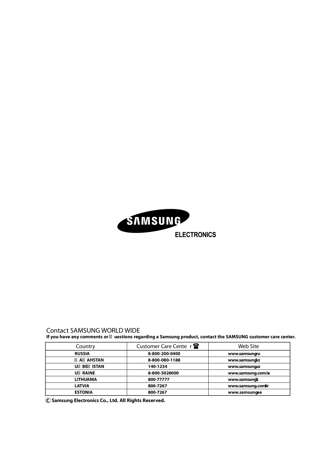 Samsung AQ09MSBX, AQ18MSBX, AQ18MSBN, AQ24MSBX, AQ12MSBX, AQ09MSBN, AQ24MSBN, AQ12MSBNSEU manual Contact Samsung World Wide 