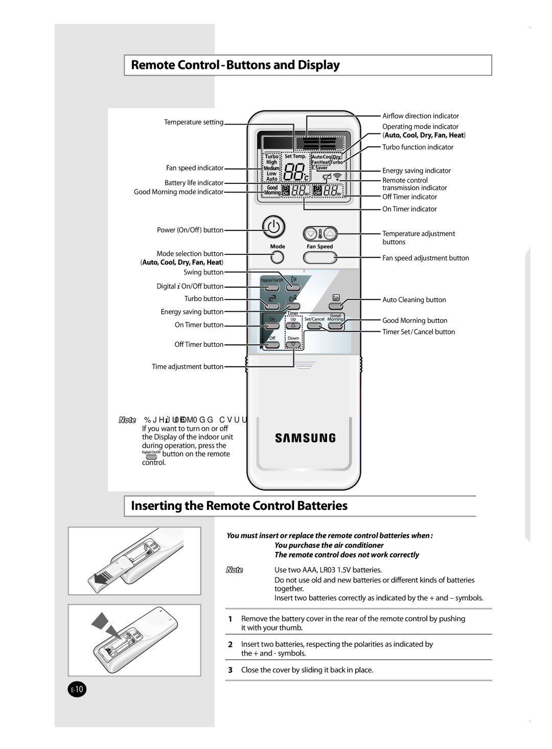 Samsung AQ24MSBNSEU, AQ12MSBN, AQ18MSBX, AQ18MSBN Remote Control-Buttons and Display, Inserting the Remote Control Batteries 