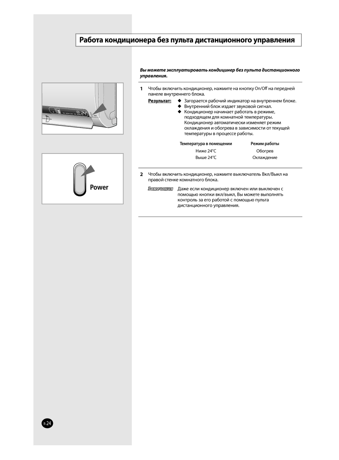 Samsung AQ12MWBNSER, AQ12MSBN, AQ18MSBX, AQ18MSBN, AQ24MSBX, AQ12MSBX Работа кондиционера без пульта дистанционного управления 