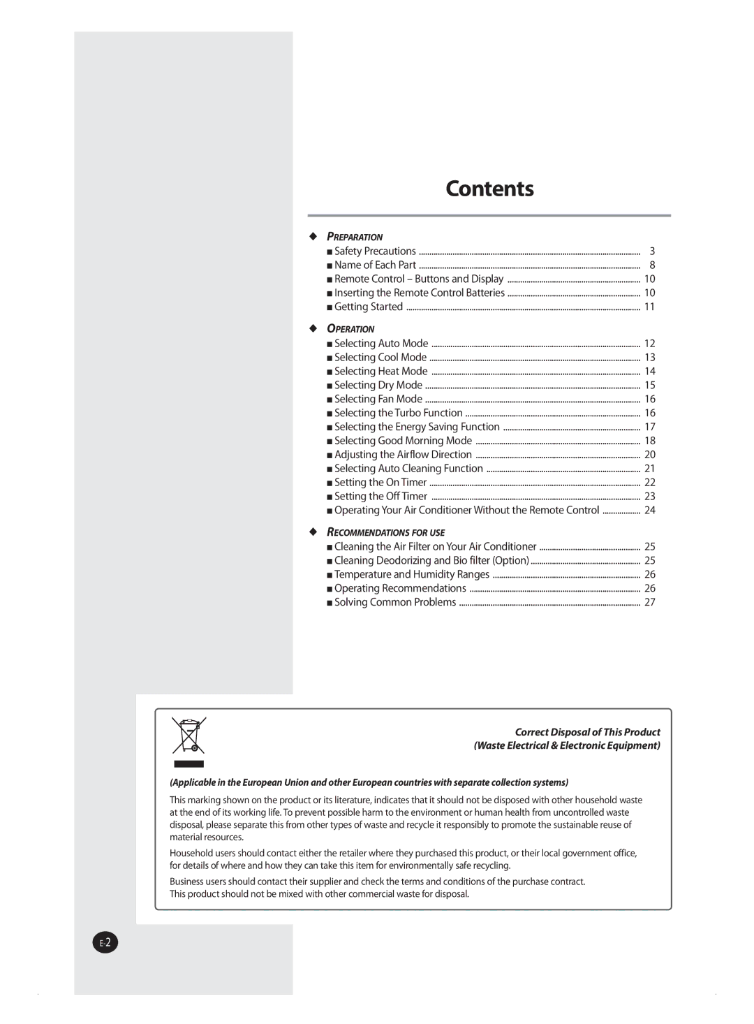 Samsung AQ18MSBX, AQ12MSBN, AQ18MSBN, AQ24MWBN, AQ18MWBX, AQ24MSBX, AQ12MSBX, AQ09MWBN, AQ12MWBN, AQ09MSBX manual Contenuti 