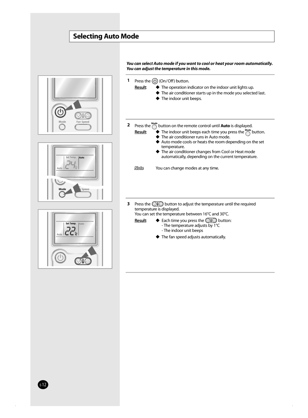 Samsung AQ12MWBX, AQ12MSBN, AQ18MSBX, AQ18MSBN, AQ24MWBN, AQ18MWBX, AQ24MSBX, AQ12MSBX, AQ09MWBN manual Selecting Auto Mode, Result 