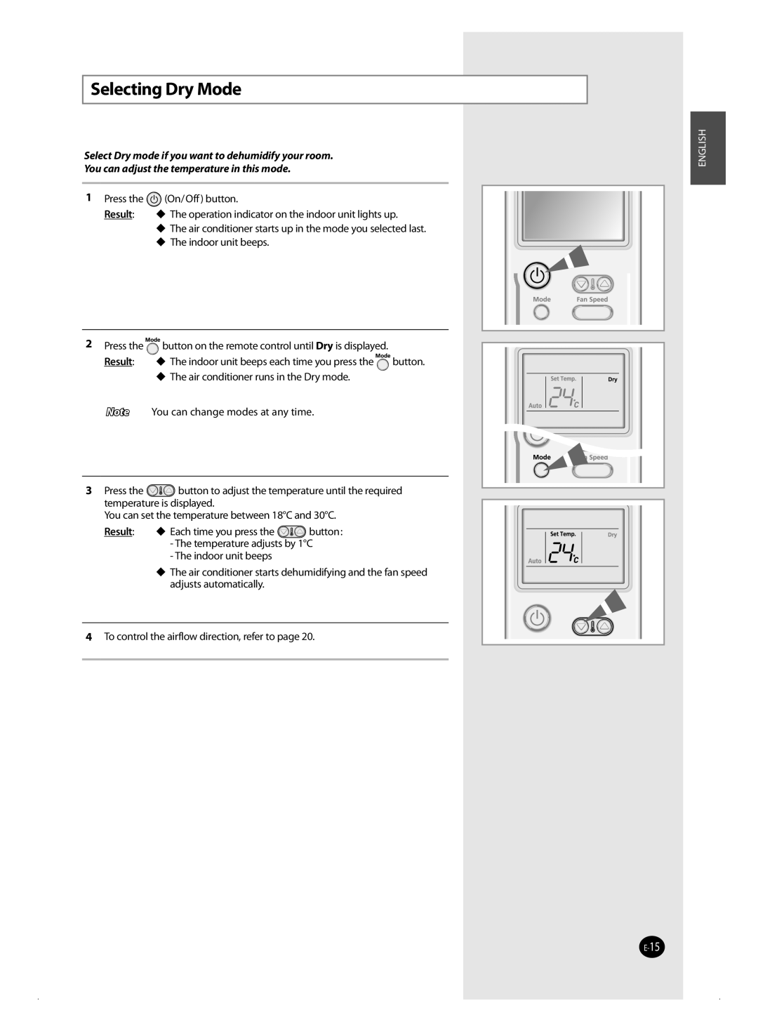 Samsung AQ24MSBN, AQ12MSBN, AQ18MSBX, AQ18MSBN, AQ24MWBN, AQ18MWBX, AQ24MSBX, AQ12MSBX, AQ09MWBN, AQ12MWBN manual Selecting Dry Mode 