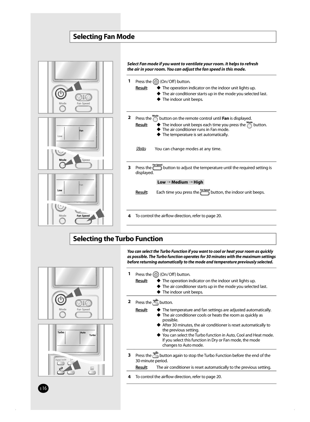 Samsung AQ09MWBX, AQ12MSBN, AQ18MSBX, AQ18MSBN manual Selecting Fan Mode, Selecting the Turbo Function, Low  Medium  High 