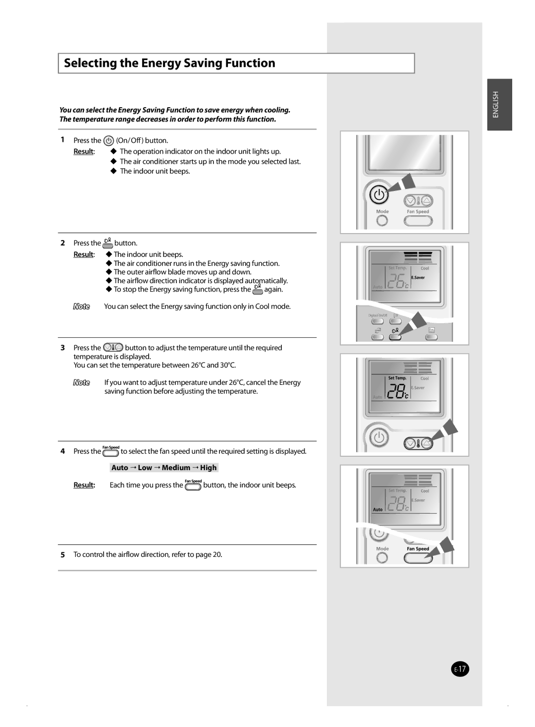 Samsung AQ12MSBNSEU, AQ18MSBX, AQ18MSBN, AQ24MWBN, AQ18MWBX, AQ24MSBX, AQ12MSBX, AQ09MWBN Selecting the Energy Saving Function 