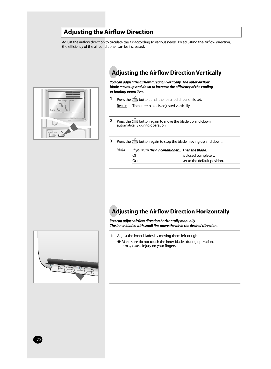 Samsung AQ12MSBXSEU, AQ12MSBN, AQ18MSBX, AQ18MSBN, AQ24MWBN, AQ18MWBX, AQ24MSBX Adjusting the Airﬂow Direction Vertically 