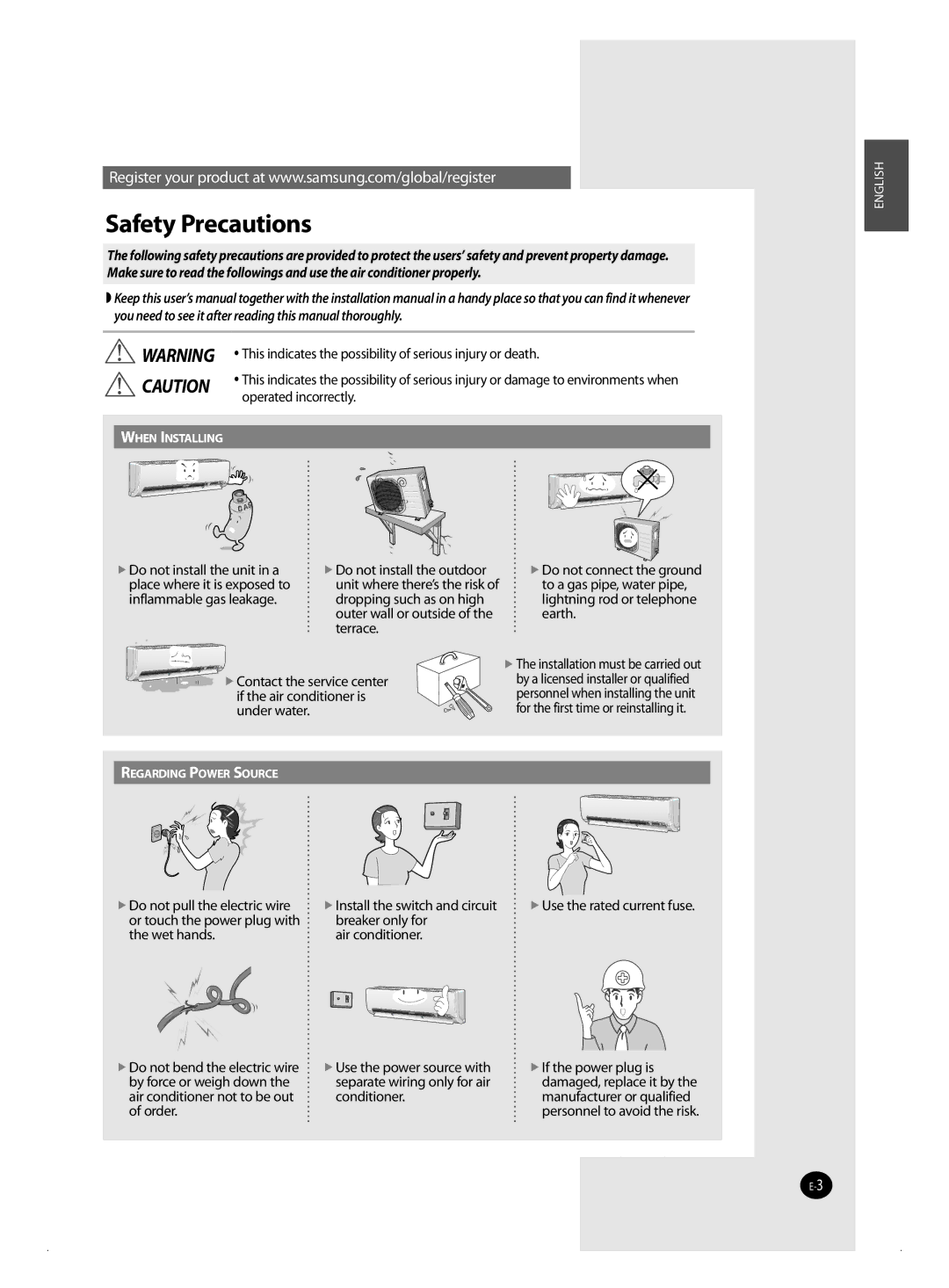 Samsung AQ18MSBN, AQ12MSBN, AQ18MSBX, AQ24MWBN, AQ18MWBX, AQ24MSBX, AQ12MSBX, AQ09MWBN, AQ12MWBN, AQ09MSBX manual Safety Precautions 