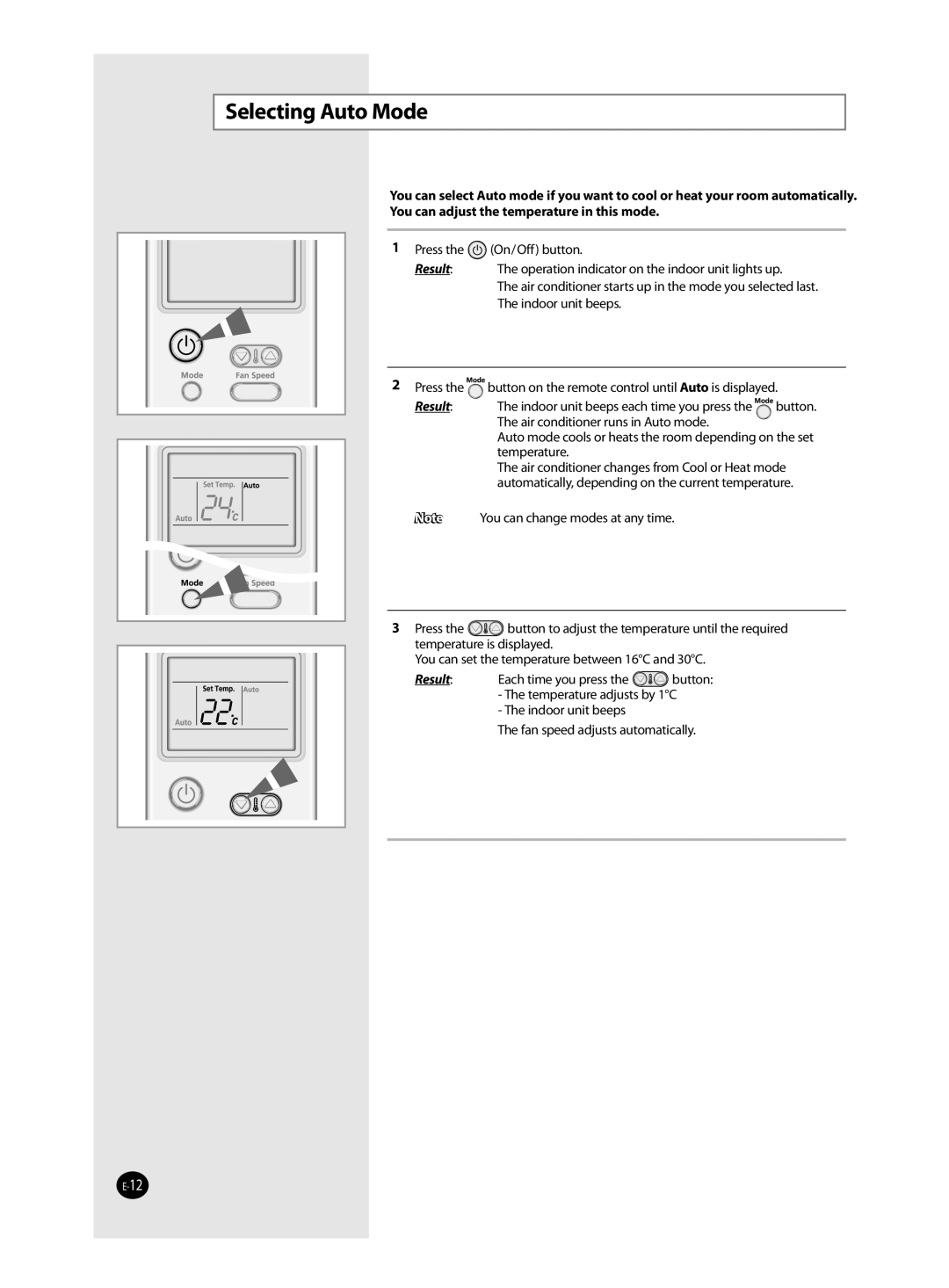 Samsung AQ12MSDX, AQ12MSDN manual Selecting Auto Mode, Result 