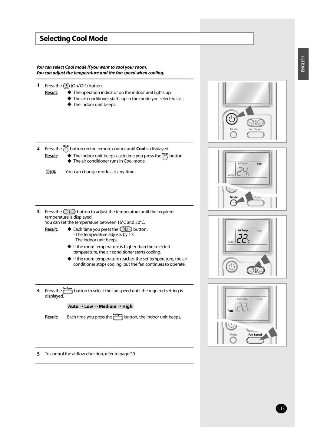 Samsung AQ12MSDN, AQ12MSDX manual Selecting Cool Mode, Auto  Low  Medium  High 