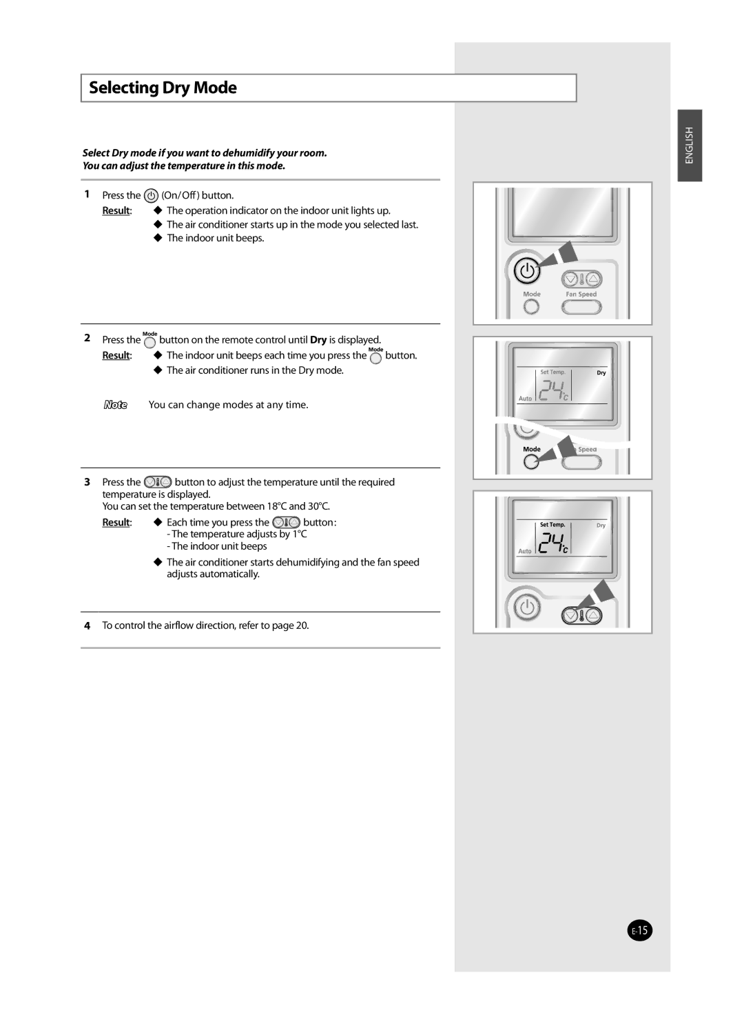 Samsung AQ12MSDN, AQ12MSDX manual Selecting Dry Mode 