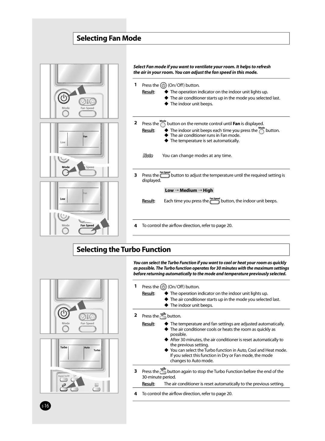 Samsung AQ12MSDX, AQ12MSDN manual Selecting Fan Mode, Selecting the Turbo Function, Low  Medium  High 