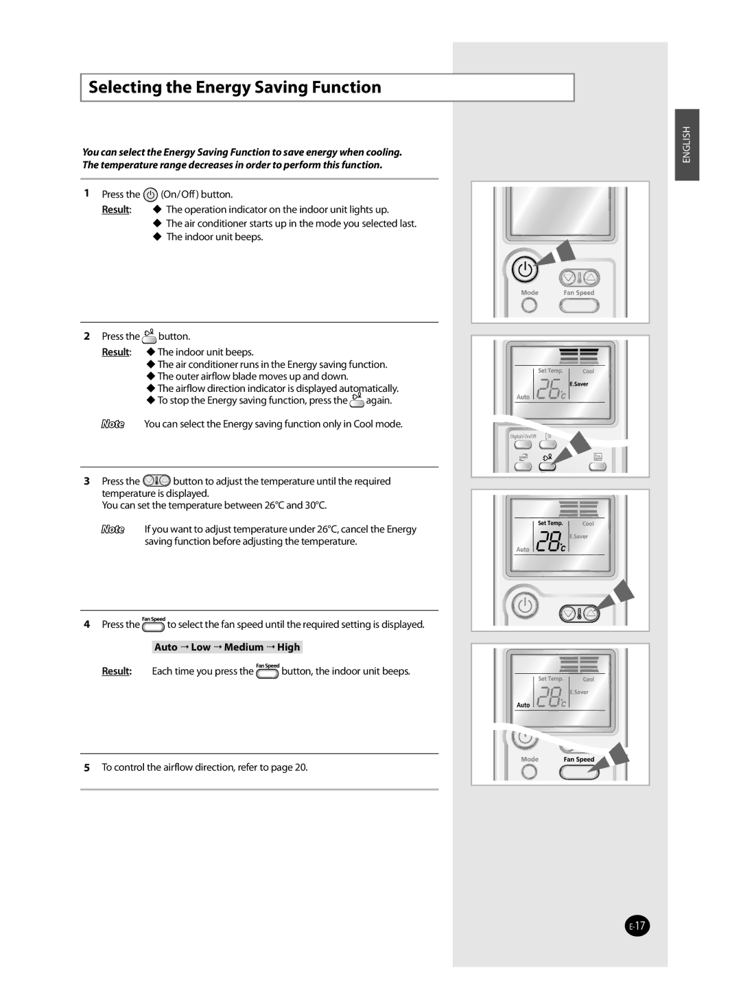 Samsung AQ12MSDN, AQ12MSDX manual Selecting the Energy Saving Function 