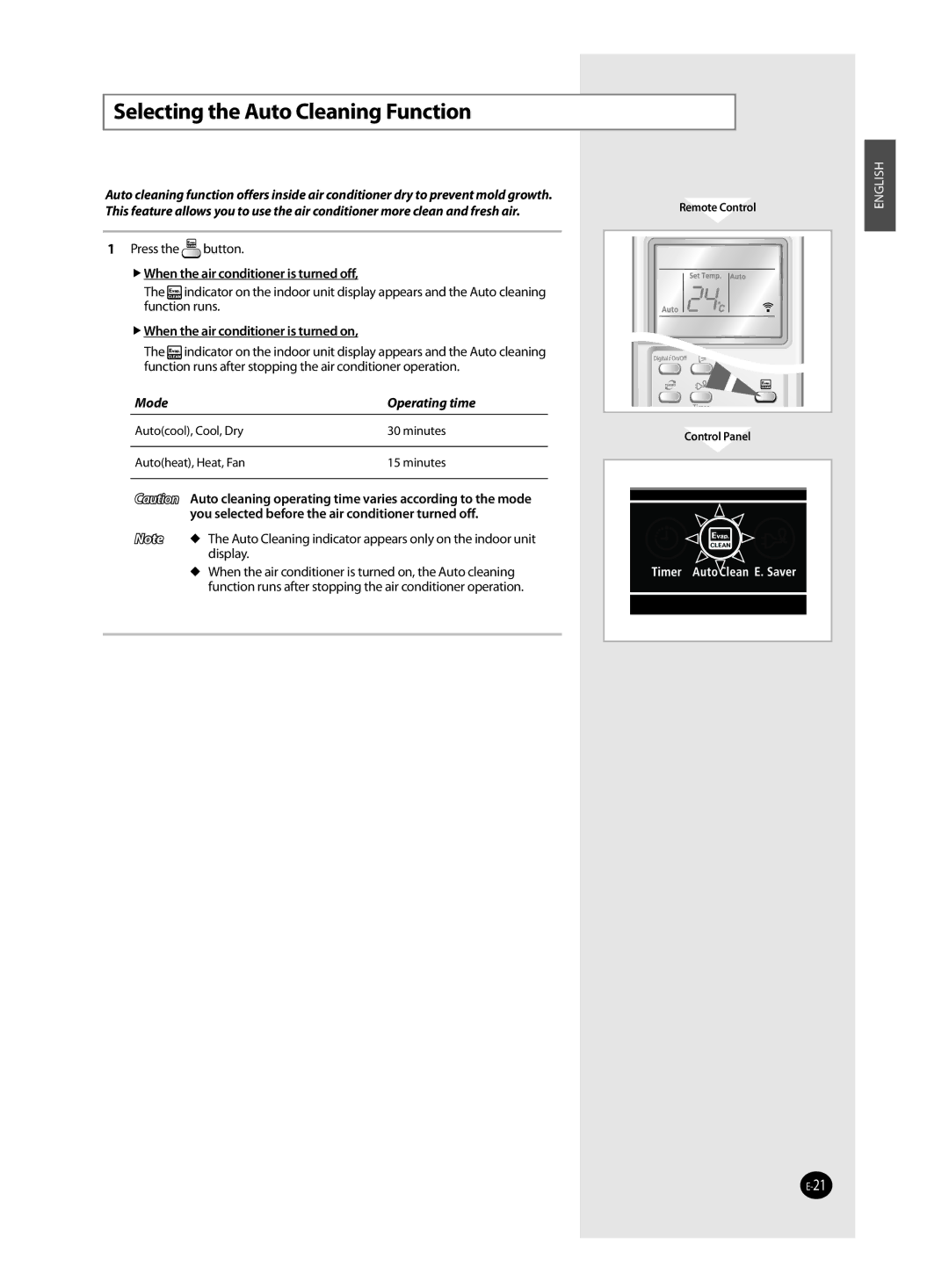 Samsung AQ12MSDN, AQ12MSDX manual Selecting the Auto Cleaning Function,  When the air conditioner is turned off 