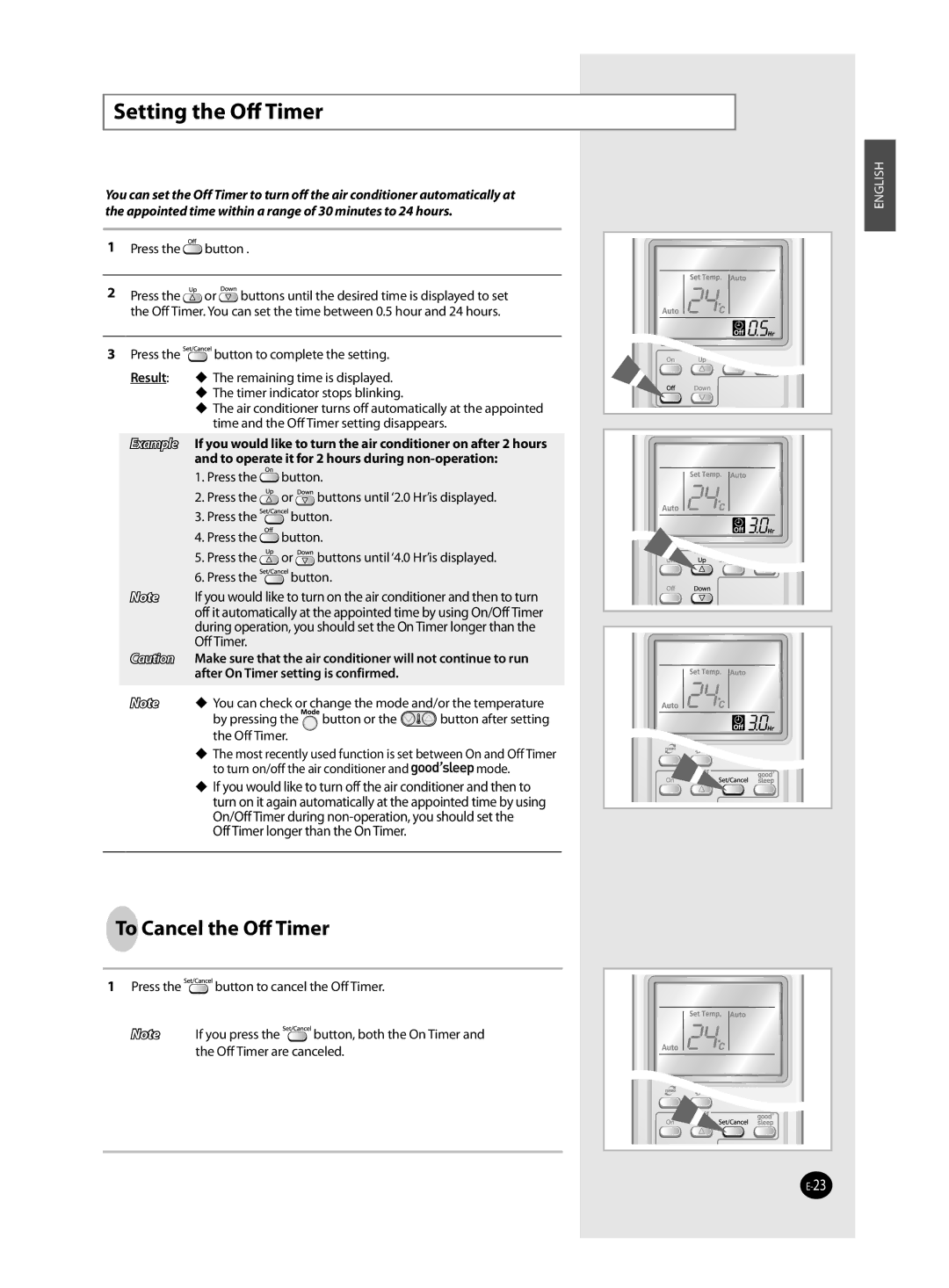 Samsung AQ12MSDN, AQ12MSDX manual Setting the Oﬀ Timer, Off Timer longer than the On Timer 