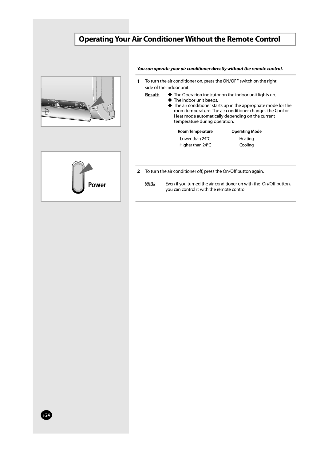 Samsung AQ12MSDX, AQ12MSDN manual Operating Your Air Conditioner Without the Remote Control 